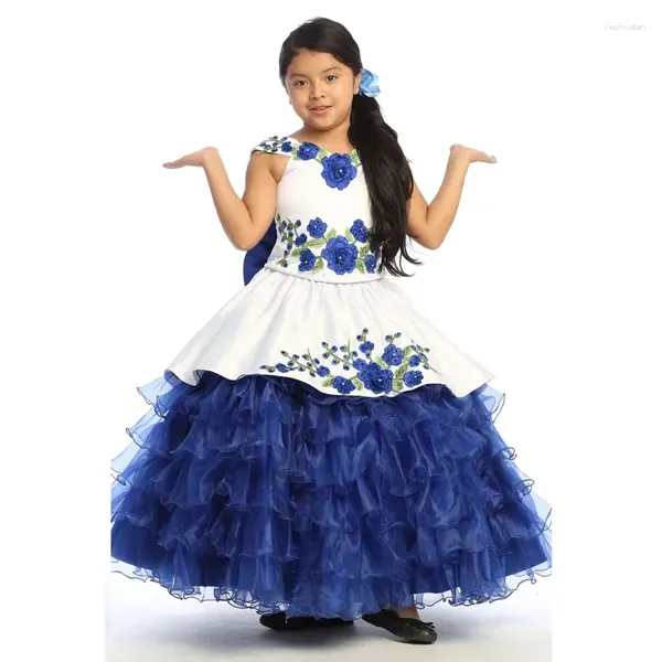 Vestidos de niña Azul Mini Quinceañera Vestido de fiesta Con cuello en V Apliques de organza Flor para bodas Concurso mexicano Bebé