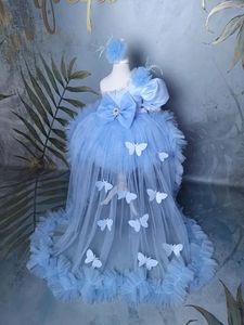Robes de princesse bleues pour filles, avec traîne détachable, asymétrique épaule dénudée, motif floral, motif papillon 3D, robes de fête d'anniversaire pour enfants