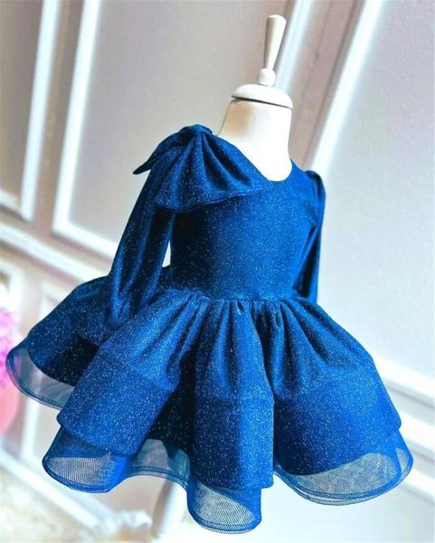 Vestidos de niña vestido azul de flores hinchadas para boda traje de tutú de manga larga bebé primer cumpleaños cremallera trasera imagen Real