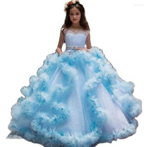 Fille Robes Bleu Volants Robe De Bal Fleur 2022 Appliques Cristal Robe De Princesse Pour Les Mariages Pageant Robes Vestidos De Fiesta