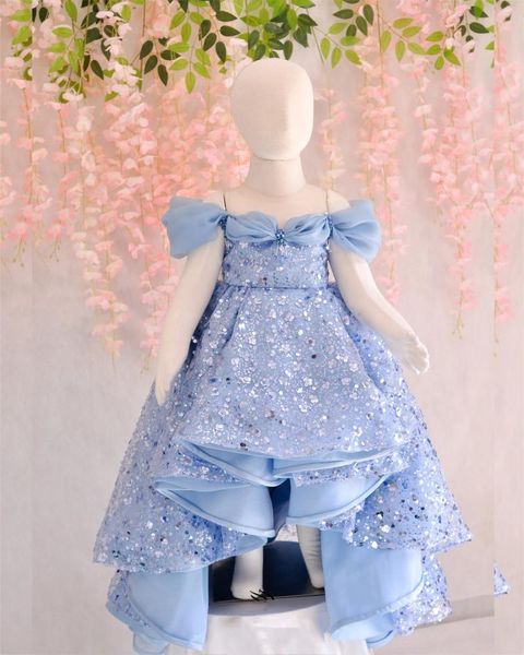 Robes de fille bleu paillettes fleur pour mariage volants paillettes perles gonflées avec châles luxe enfants fête d'anniversaire robes de bal 2024