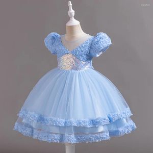 Robes de fille bleu paillettes maille princesse enfant en bas âge robe d'été mode à manches courtes mignon fleur mariage enfants cadeau