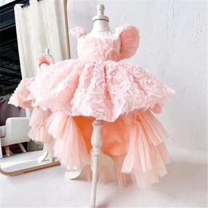 Robes de fille Blush Rose robe 3D Rose appliques manches à volants fleur petite princesse robe de fête d'anniversaire première Communion