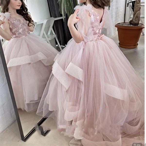 Vestidos de niña Vestido de flores rosa rubor Tul Cuello redondo Apliques Encaje Cola larga Princesa Boda Cumpleaños Primera comunión 1-16 años