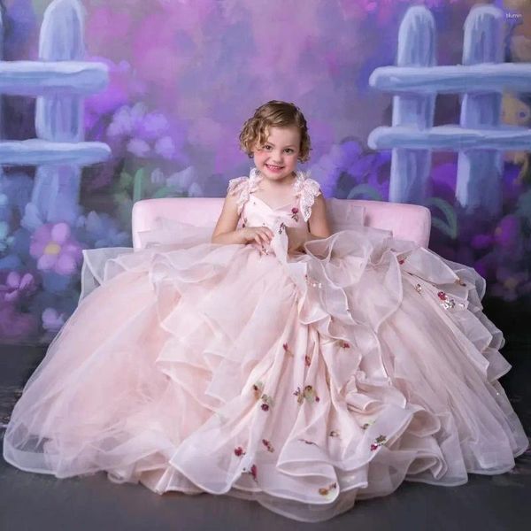 Vestidos de niña rubor rosa encaje flor vestido de bola princesa niños niñas primer vestido de cumpleaños para fiesta de boda
