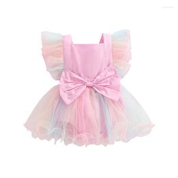 Robes de fille Bmnmsl Born Girls Flying Sleeve Lace Romper Colorful Mesh Bowknot Decoration Square Neck Casual Dress Style Body