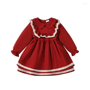 Robes de fille Bmnmsl filles robe de noël enfants dentelle garniture à manches longues col rond Mini mignon col rond froncé