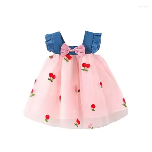 Robes de fille Bmnmsl Infantile Bébé Filles Princesse Robe Cerise Broderie Maille Patchwork Denim Volants Sans Manches Mignon Bowknot Tulle Tutu