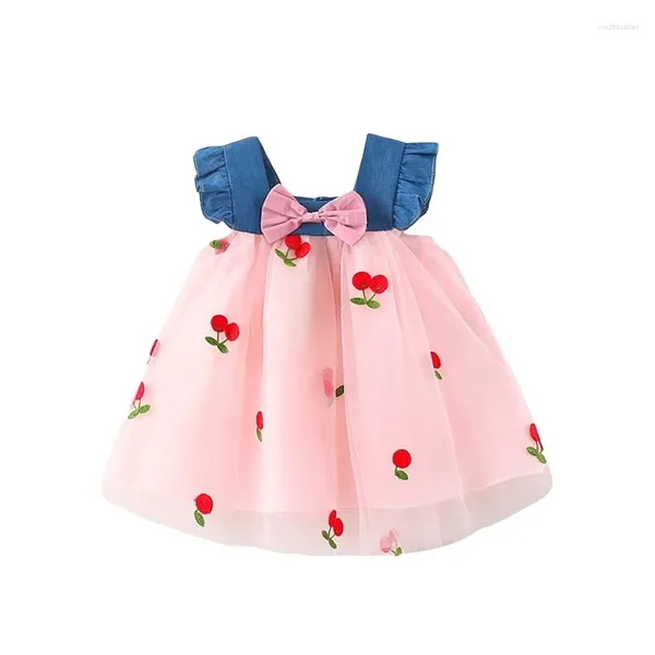 Vestidos de niña Bmnmsl Infant Baby Girls Vestido de princesa Cereza Bordado Malla Patchwork Denim Volantes Sin mangas Lindo Bowknot Tul Tutu