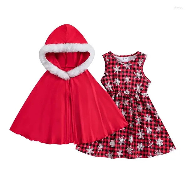 Robes de fille Bmnmsl enfants filles 2 pièces tenues de noël à carreaux flocon de neige imprimé taille élastique col rond robe sans manches ensemble de cape à capuche rouge