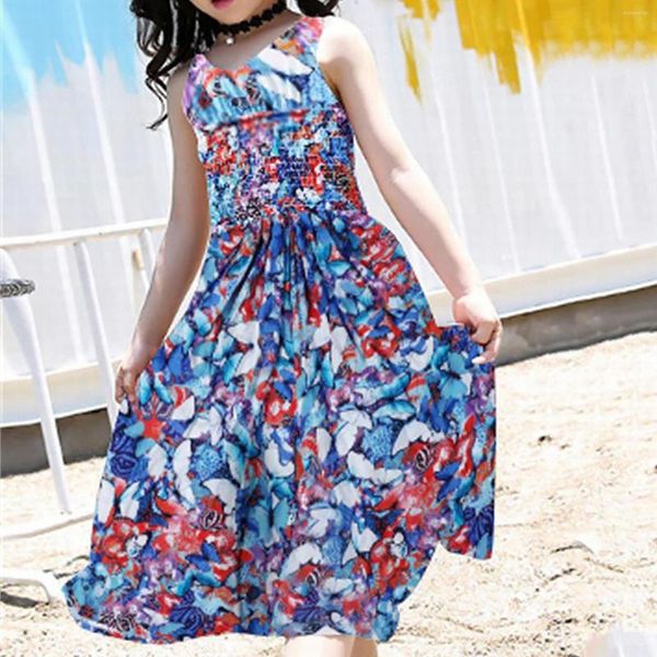 Vestidos de niñas Bohemian Summer Girls Dress Flower Vestido para niños Sundress Pantalones de piernas ancha Jumpsit Floral Ropa 3 6 8 10 12 14 años