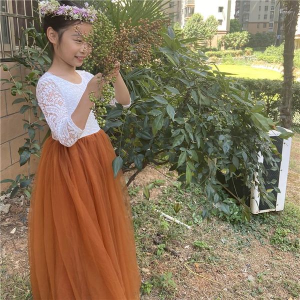 Fille Robes Boho Chic Fleur Filles Dentelle Tulle Robe Pour Les Adolescents Enfants Brûlé Orange Couleur Demoiselle D'honneur De Mariage Robe Costume