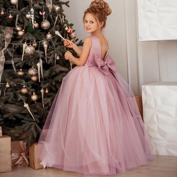 Fille Robes Boho Chic Adolescent Filles Grands Arcs Longue Robe En Tulle Perle Sans Manches Enfants Robe De Soirée Formelle Costume D'anniversaire Blanc