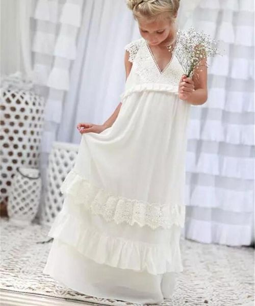 Robes de fille Boho fleur une ligne pleine longueur col en V dentelle robe de fête d'anniversaire pour enfants élégant robes d'occasion spéciale filles