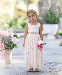 Fille Robes Boho Dentelle Ivoire Fleur Filles Robe Avec Ceinture Rose Dos Ouvert Enfant Junior Demoiselle D'honneur Robes Enfants Weding Party Robe