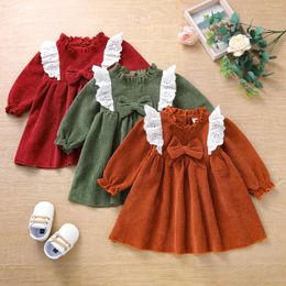 Vestidos de niña, vestido de pana para bebé nacido, vestido de algodón de manga larga con lazo, trajes de princesa para otoño infantil, ropa para chico