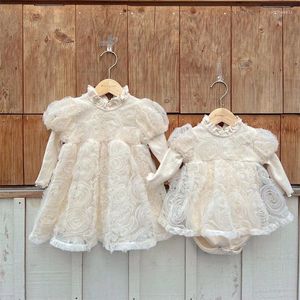Robes d'automne en coton pour petites filles, tenue de princesse florale, en maille, manches à bulles, vêtements pour enfants