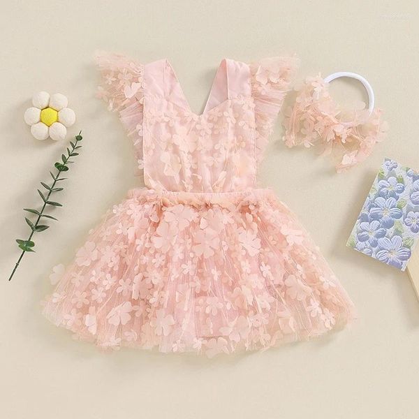 Vestidos de niña Vestido de mamelucos para bebés nacidos Flor 3D Manga con mosca Atadura en la espalda Falda de tul en capas Dobladillo Monos para niños pequeños con diadema