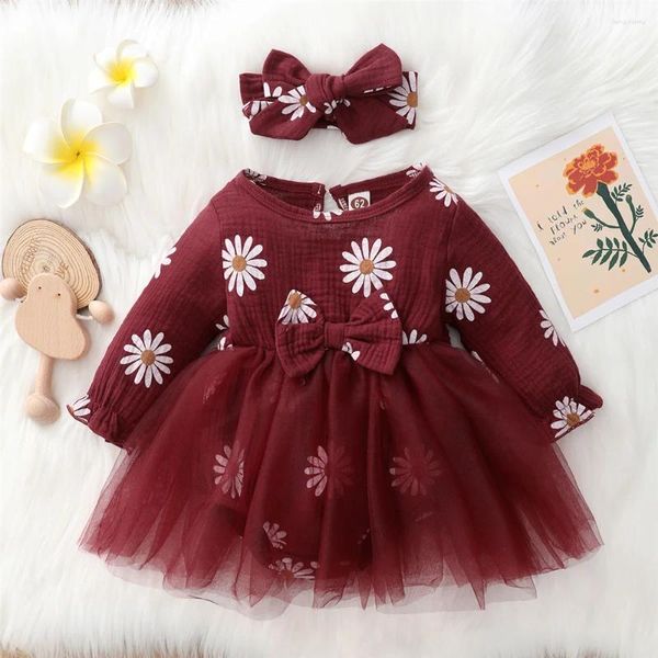 Robes de fille née Baby Rober Robe Long Mancheve Fleurs imprimées TULLE BODYS SUITE ROUGE de vacances Red Célébration Princesse