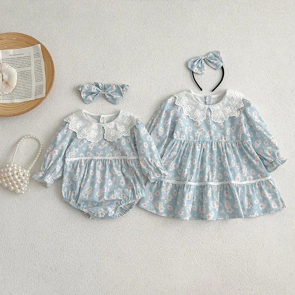 Vestidos para niñas, ropa para gemelos nacidos, vestido de una pieza con cuello grande para niños pequeños, mono Floral de manga larga, traje a juego para hermanas