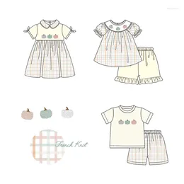 Meisje Jurken Boutique Baby Zomerseizoen Mouwloos Ronde Hals Drie Pompoenen Franse Knoop Set En Jurk Jongen Geel Top Kleding Broek