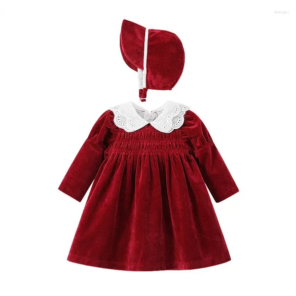 Robes de fille Boutique robe pour bébé velours broderie fête d'anniversaire élégant chapeau Lolita infantile chaud enfant vêtements hiver correspondant