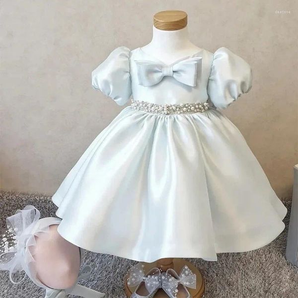 Robes pour filles, Design avec nœud, Robe de bal Simple et élégante, col rond, manches bouffantes, Robe de fête d'anniversaire pour enfants, Robe à fleurs avec perles à la taille