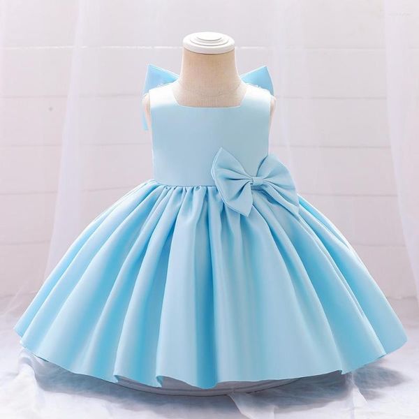 Vestidos de niña de marca azul para niños pequeños, niños, flores, satén, lazo grande, vestido de boda Formal, fiesta, dama de honor, graduación, sin mangas