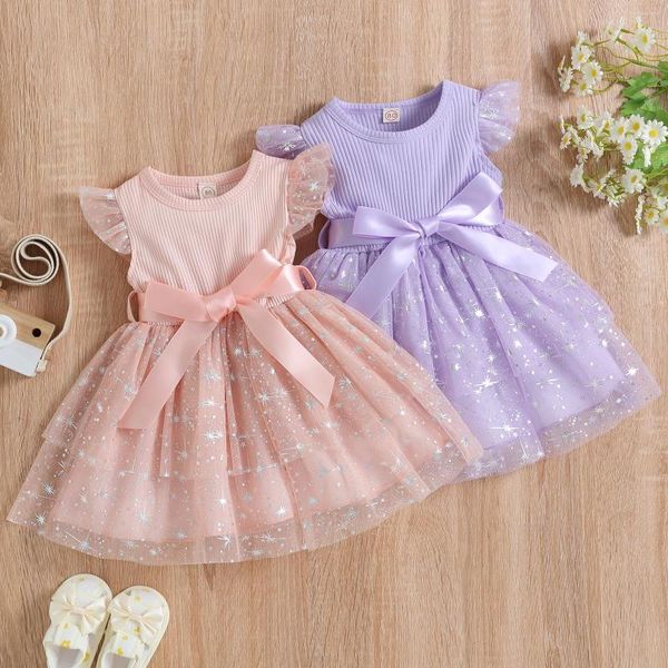 Vestidos de niña C ItgeeSummer Niños Niñas pequeñas Vestido Lentejuelas Manga de estrellas Rib Knit Princess Casual Bow Belt Ropa