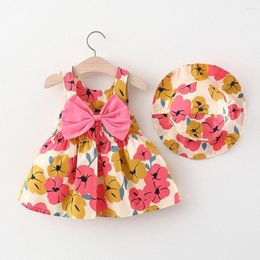 Meisjesjurken Casual Baby Princess Dress Kids Girls Girls Big Bow Flower Gedrukte mouwloos strand 2023 Kinderkleding 0-2 Y J