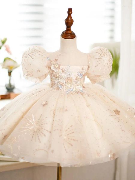 Vestidos de niña Champán Vestido de flores para bebé Vestido de tutú de bautismo de encaje con lentejuelas Traje de princesa de cumpleaños de 1 año Traje de primera comunión para niños pequeños