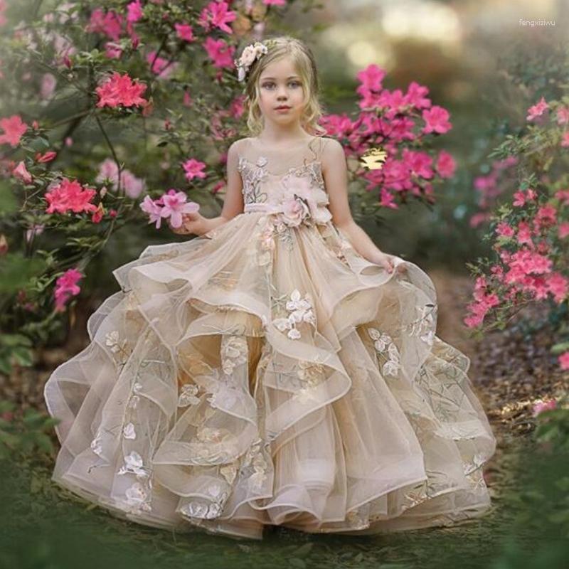 Girl Dresses Champagne Flower Tulle Appliques Tiered Sleeveless For Wedding Birthday Party First Communion Gowns