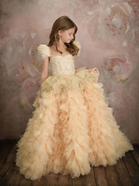 Robes de fille Champagne robe de concours filles robe de fête d'anniversaire col transparent a-ligne fleur de mariage âgées de 2-16 ans