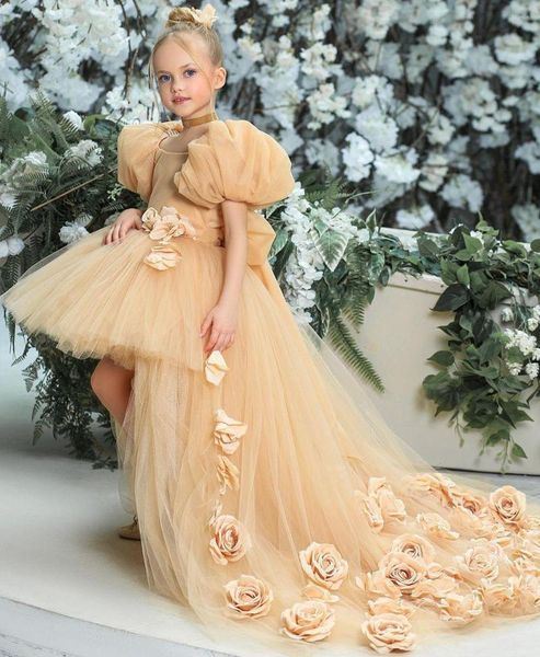 Robes de fille Champagne Tulle fleur pour mariage litière florale enfants enfant en bas âge haut bas robes de reconstitution historique robe de première Communion