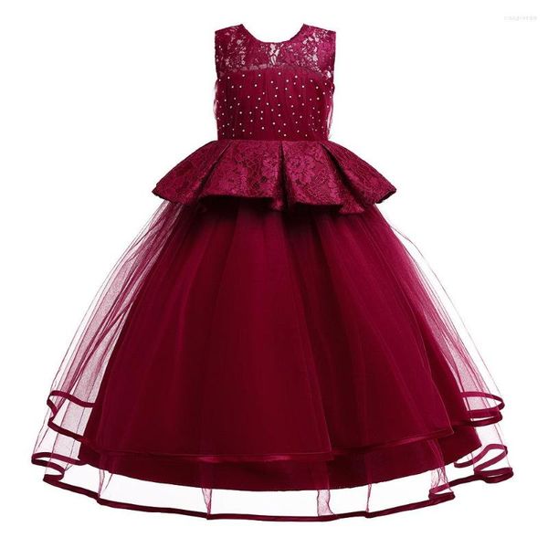 Robes de fille Charme Banquet d'anniversaire de fille de fleur Longues robes en dentelle Mariage d'enfant élégant Enfants Rouge Soirée de première communion