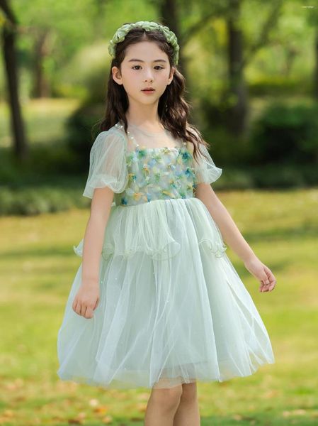 Fille Robes Chic Robe D'été Pour 3-12Y Perles Sangle O-cou Manches Bouffantes 3D Floral Tulle Robe De Bal Enfant Enfant Forêt Elfe Vestidos