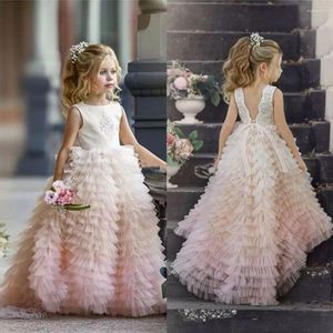 Girl -jurken chique gelaagde bloem voor bruiloft toegevoegde rugloze peuter Pageant -jurken Sweep trein tule kinderen prom jurk
