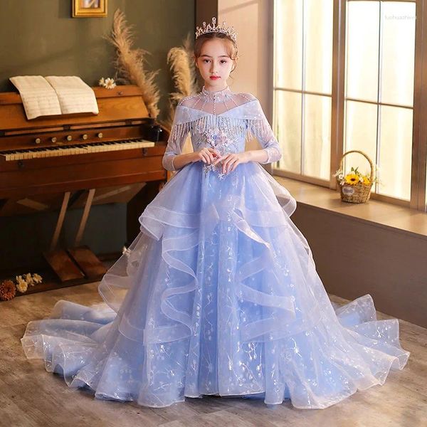 Robes de soirée longues pour filles, en Tulle bleu de luxe, pour fête d'anniversaire, formelle, demoiselle d'honneur, mariage, paillettes, concours de beauté