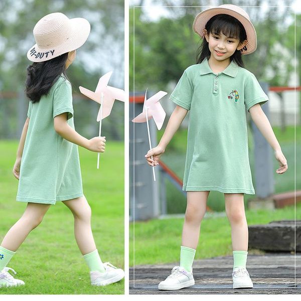 Vestidos para niña, vestido para niño, camiseta de dibujos animados bordada de Color sólido, ropa informal para niño con solapa pequeña de algodón de estilo universitario para niña