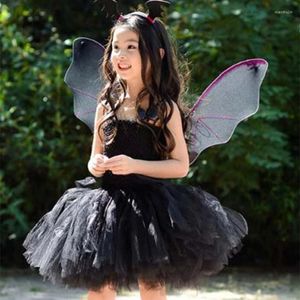 Fille Robes Enfants Halloween Fête De Noël Chauve-Souris Maille Tutu Robe Cosplay Filles Carnaval Performance Costume Bandeau Aile 3 Pcs Ensembles