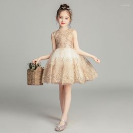 Girl Dresses Children's Princess Dress Girl's Wedding Mouwloze avond Gold Pows Baby Doop Pageant -jurk