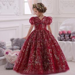 Girl Dresses Children's Sequins Puffy Sheeves Princess Dress 5-14-jarige Pearl Bow Mesh Wedding Banket Gastheeravond