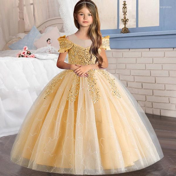 Fille robes vêtements pour enfants 4-12 ans paillettes dentelle épaules dénudées maille robe de princesse élégante promenade spectacle piano longue Dre