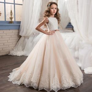 Meisje jurken kinder trouwjurk meisje's kanten mesh boorboorbloem mooie lange donzige prinses baljurk
