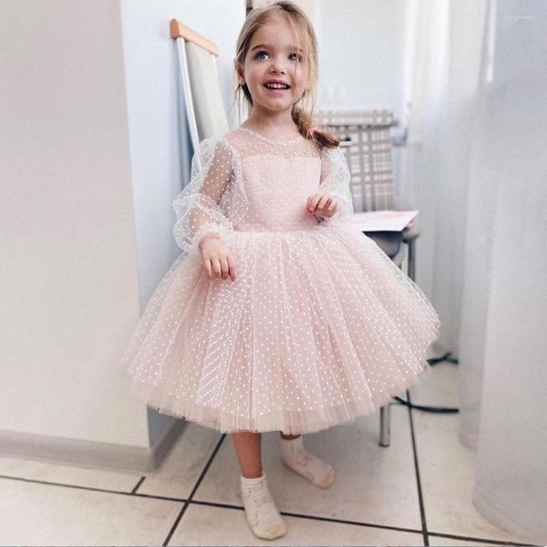 Vestidos de niña Vestido de novia para niños Polka Dot Lace Manga larga Rendimiento Cumpleaños Flor corta hinchada