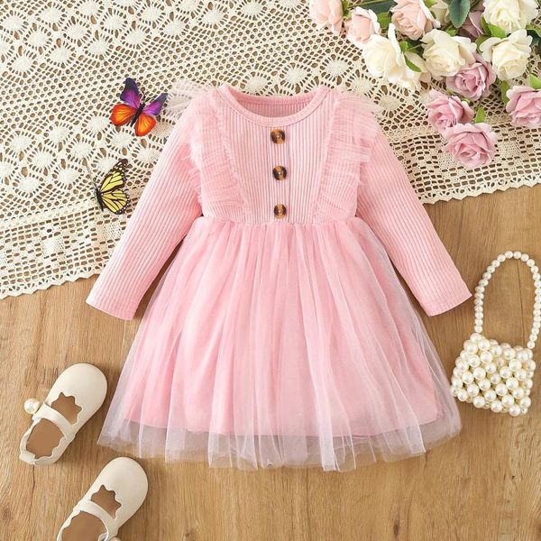 Robe trapèze tricotée en Tulle pour filles, vêtements d'automne et de printemps, col rond, manches longues, pour enfants de 3 à 24 mois