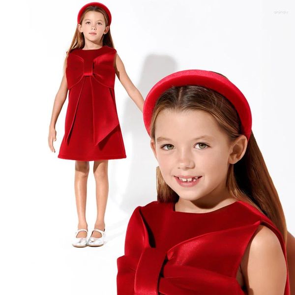 Vestidos de niña Fiesta de cumpleaños para niños Vino de lujo Terciopelo rojo sin mangas para niñas pequeñas Vestido de princesa con lazo Vestidos cortos de noche