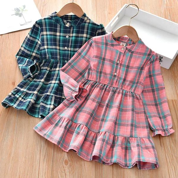 Vestidos para niñas, ropa para niños, vestido para niñas, bebés, adolescentes, manga larga, camisa con cuello vuelto a cuadros, Vestidos