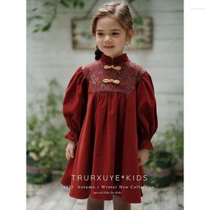 Meisje Jurken Kinderkleding 2023 Herfst Winter Chinese Stijl Vintage Rode Corduroy Jurk Baby Prinses Zoete Elegante Meisjes