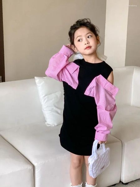 Vestidos de niña Ropa para niños 2024 Niñas Primavera Otoño Vestido largo de una pieza Negro Púrpura Moda Fuera del hombro Suelto Suave Dulce Ourdoor